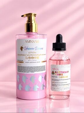 AMINNAH Unicorn Dreams Lotion & Birthday Cake Body Oil Set